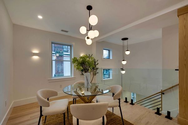 Dining room, Interior, Pendant Lights, Recessed Lighting, Wood Texture Flooring