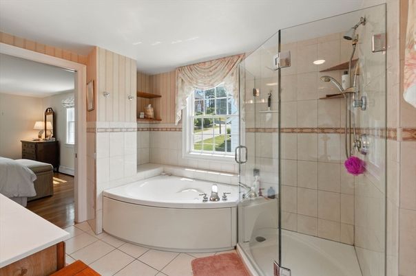 Bathroom, Glass Shower, Interior, Wood Texture Flooring