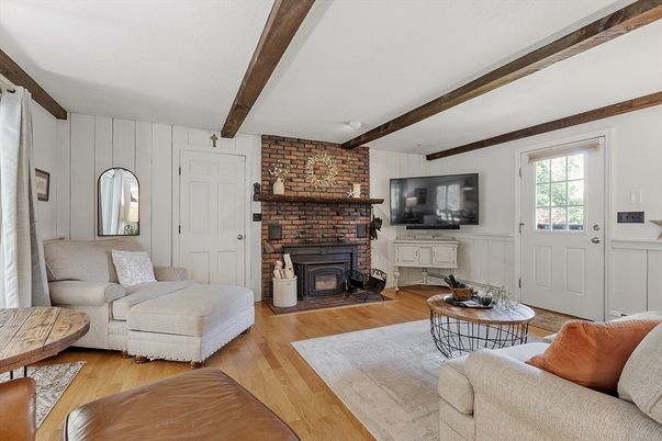 Fireplace, Interior, Living room, Stone Walls, Wooden Beams, Wood Texture Flooring