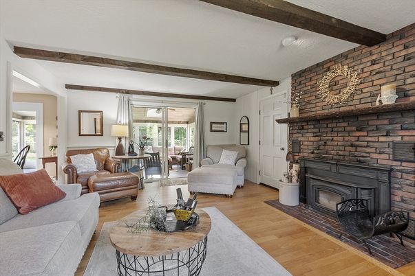 Fireplace, Interior, Living room, Stone Walls, Wooden Beams, Wood Texture Flooring