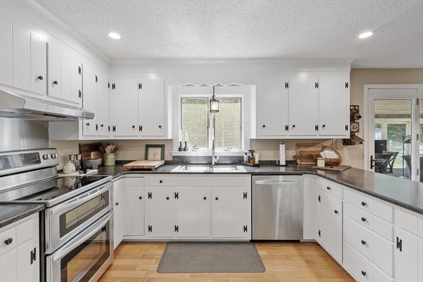 Interior, Kitchen, Pendant Lights, Recessed Lighting, Stainless Steel Appliances, Wood Texture Flooring