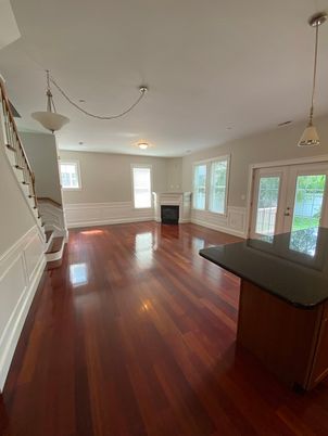 Empty room, Fireplace, Interior, Pendant Lights, Wood Texture Flooring