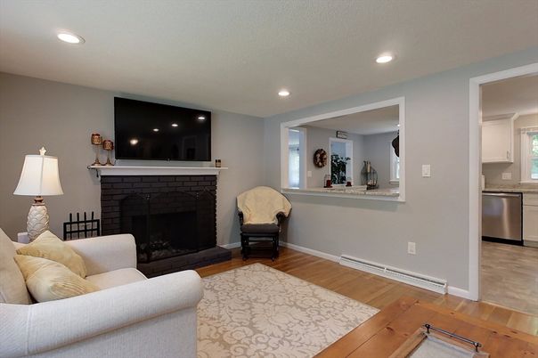 Fireplace, Interior, Living room, Recessed Lighting, Wood Texture Flooring