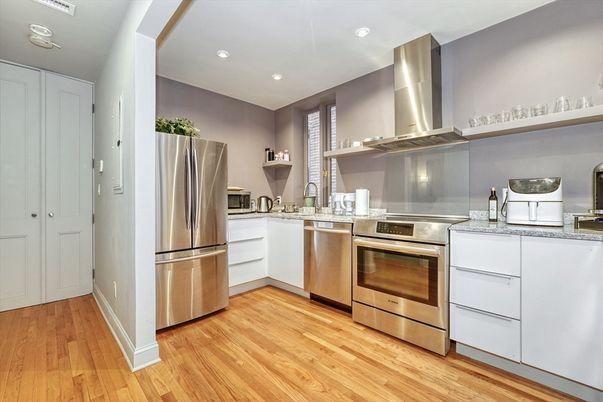 Interior, Kitchen, Recessed Lighting, Stainless Steel Appliances, Wood Texture Flooring