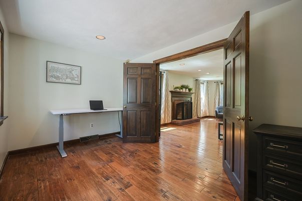 Fireplace, Home Office, Interior, Recessed Lighting, Wood Texture Flooring