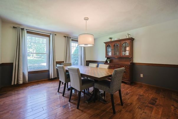 Dining room, Interior, Pendant Lights, Wood Texture Flooring