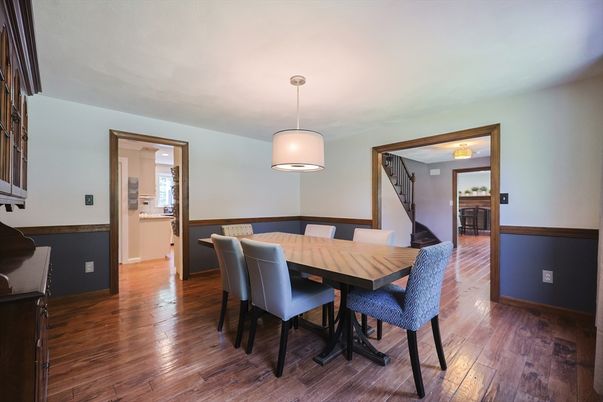 Dining room, Interior, Pendant Lights, Wood Texture Flooring