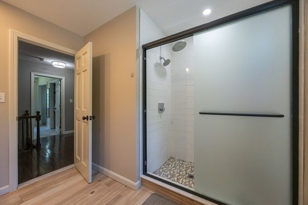 Bathroom, Glass Shower, Interior, Recessed Lighting, Wood Texture Flooring
