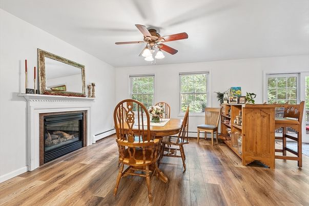 Dining room, Fireplace, Interior, Wood Texture Flooring