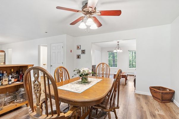Dining room, Interior, Pendant Lights, Wood Texture Flooring