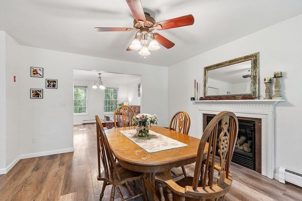 Dining room, Fireplace, Interior, Pendant Lights, Wood Texture Flooring