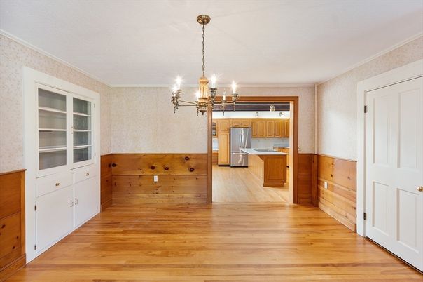 Chandelier, Interior, Kitchen, Stainless Steel Appliances, Wood Texture Flooring, Wooden Walls