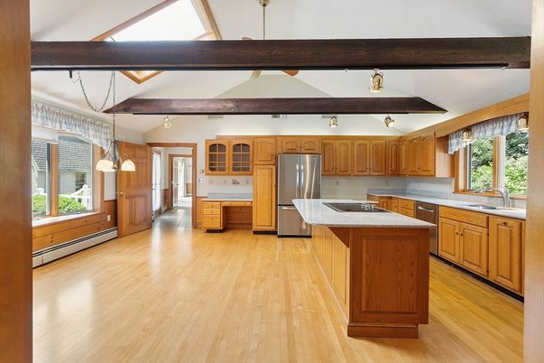 Interior, Kitchen, Pendant Lights, Stainless Steel Appliances, Wooden Beams, Wood Texture Flooring