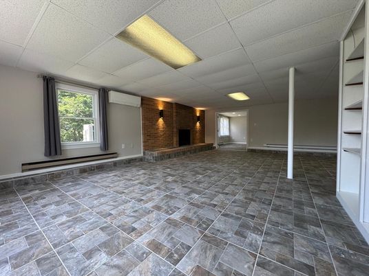 Empty room, Fireplace, Interior, Recessed Lighting, Stone Walls