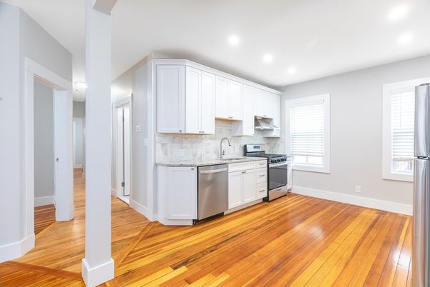 Interior, Kitchen, Recessed Lighting, Stainless Steel Appliances, Wood Texture Flooring