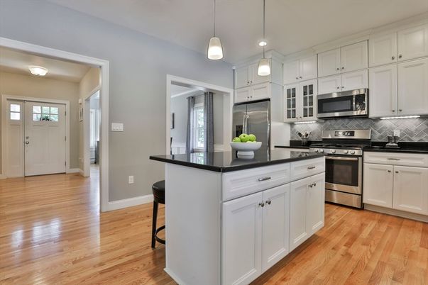 Interior, Kitchen, Pendant Lights, Stainless Steel Appliances, Wood Texture Flooring