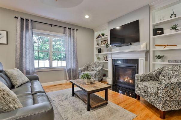 Fireplace, Interior, Living room, Recessed Lighting, Wood Texture Flooring