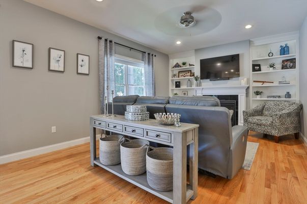 Fireplace, Interior, Living room, Recessed Lighting, Wood Texture Flooring