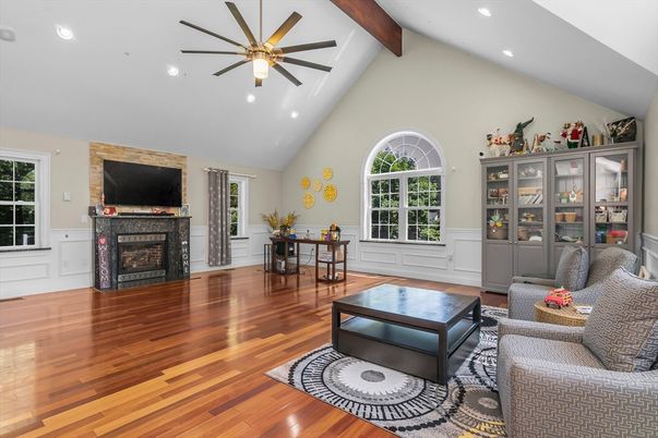 Dining room, Fireplace, Interior, Recessed Lighting, Wooden Beams, Wood Texture Flooring