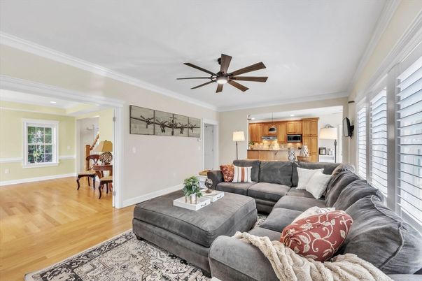 Dining room, Interior, Kitchen, Living room, Recessed Lighting, Stainless Steel Appliances, Wood Texture Flooring