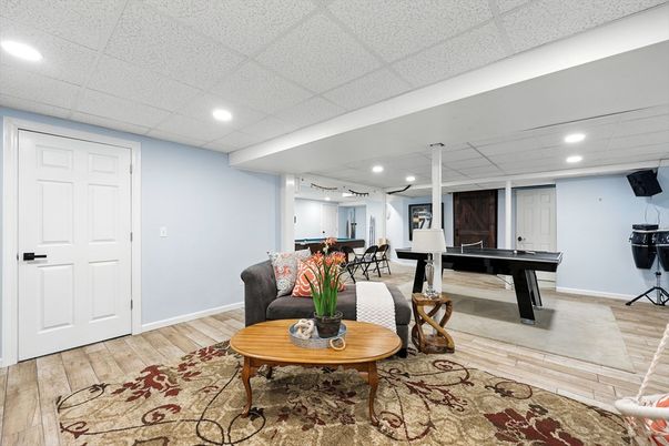 Billiard Table, Dining room, Game Room, Interior, Piano, Recessed Lighting, Wood Texture Flooring