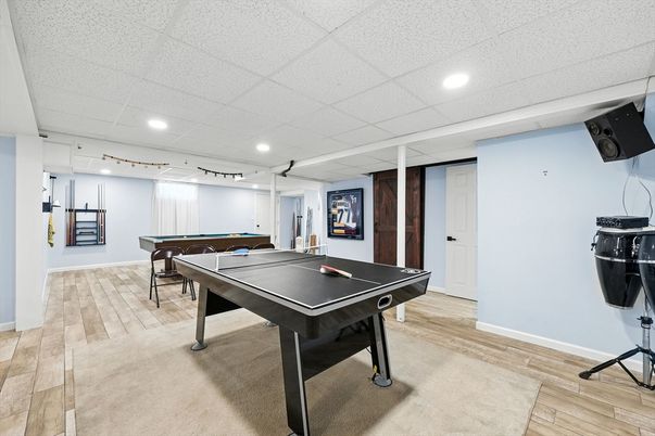 Billiard Table, Game Room, Interior, Recessed Lighting, Wood Texture Flooring