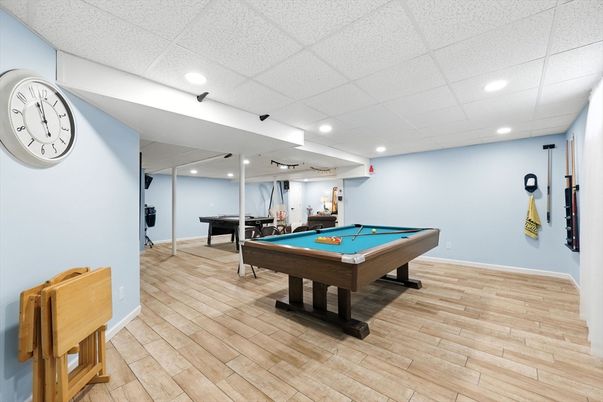 Billiard Table, Game Room, Interior, Recessed Lighting, Wood Texture Flooring