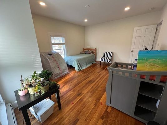 Bedroom, Interior, Recessed Lighting, Wood Texture Flooring