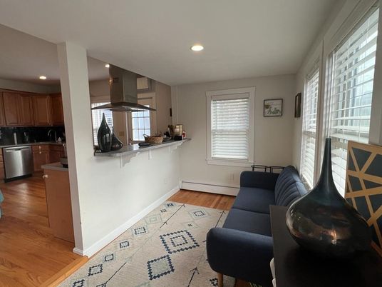 Interior, Kitchen, Living room, Recessed Lighting, Stainless Steel Appliances, Wood Texture Flooring