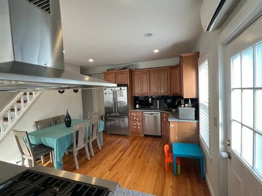 Dining room, Interior, Kitchen, Recessed Lighting, Stainless Steel Appliances, Wood Texture Flooring