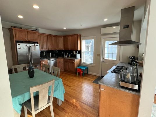 Dining room, Interior, Kitchen, Recessed Lighting, Stainless Steel Appliances, Wood Texture Flooring