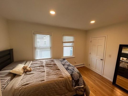 Bedroom, Interior, Recessed Lighting, Wood Texture Flooring