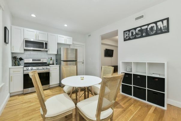 Dining room, Interior, Kitchen, Recessed Lighting, Stainless Steel Appliances, Wood Texture Flooring
