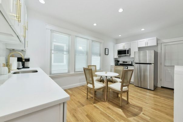Dining room, Interior, Kitchen, Recessed Lighting, Stainless Steel Appliances, Wood Texture Flooring