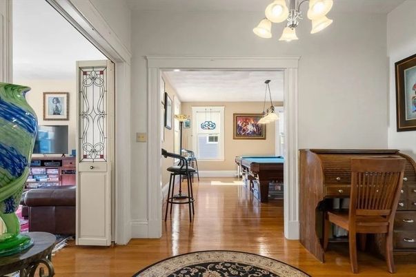 Billiard Table, Chandelier, Game Room, Interior, Pendant Lights, Wood Texture Flooring