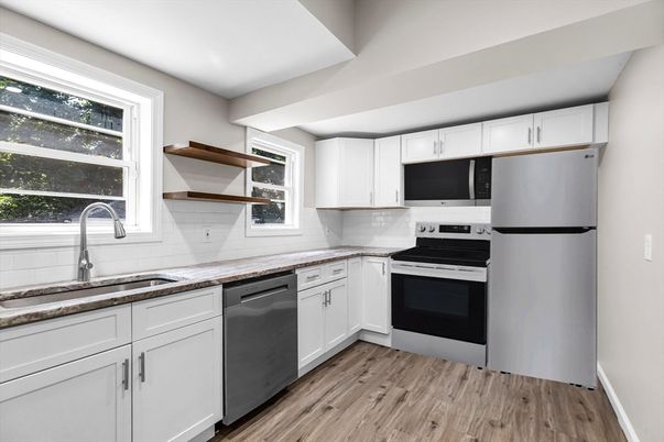 Interior, Kitchen, Stainless Steel Appliances, Wood Texture Flooring