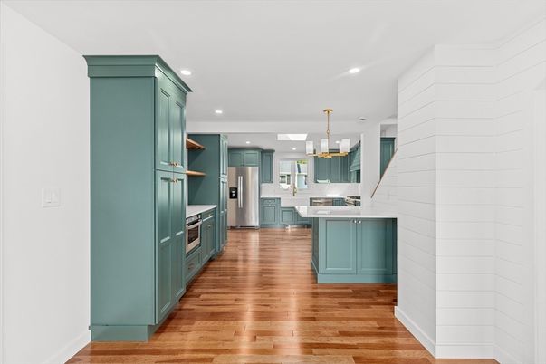 Chandelier, Interior, Kitchen, Recessed Lighting, Stainless Steel Appliances, Wood Texture Flooring