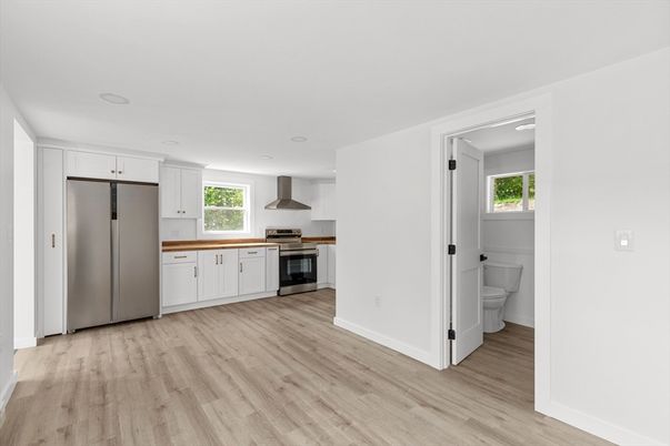 Interior, Kitchen, Recessed Lighting, Stainless Steel Appliances, Wood Texture Flooring