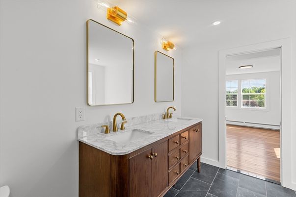 Bathroom, Dual Sink Vanities, Interior, Recessed Lighting, Wood Texture Flooring