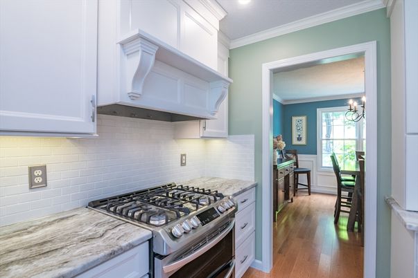 Chandelier, Interior, Kitchen, Recessed Lighting, Stainless Steel Appliances, Wood Texture Flooring