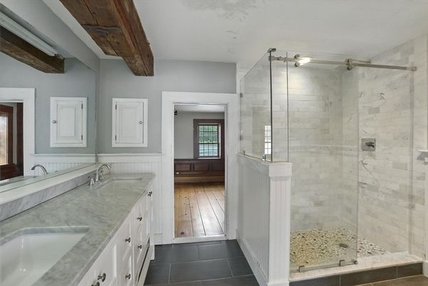 Bathroom, Dual Sink Vanities, Glass Shower, Interior, Wooden Beams, Wood Texture Flooring