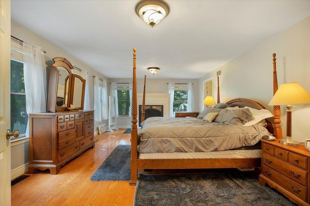 Bedroom, Fireplace, Interior, Wood Texture Flooring