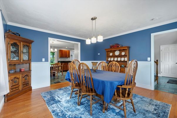 Dining room, Interior, Pendant Lights, Wood Texture Flooring