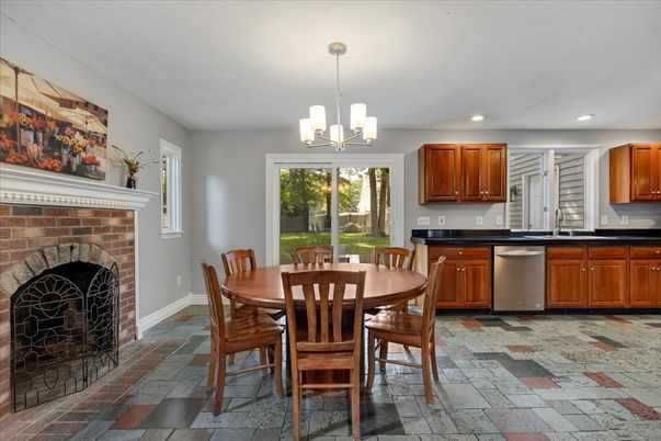 Chandelier, Dining room, Fireplace, Interior, Kitchen, Pendant Lights, Recessed Lighting, Stone Walls