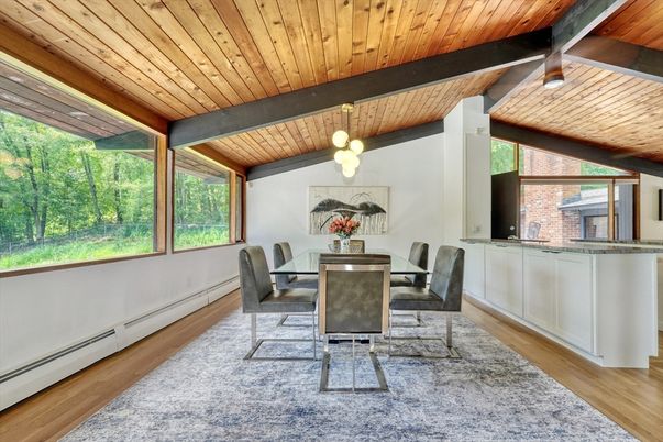 Dining room, Interior, Pendant Lights, Wooden Beams, Wooden Ceilings, Wood Texture Flooring