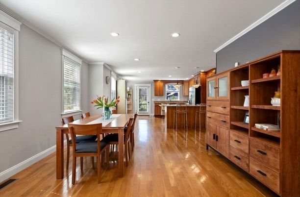 Dining room, Interior, Kitchen, Recessed Lighting, Wood Texture Flooring