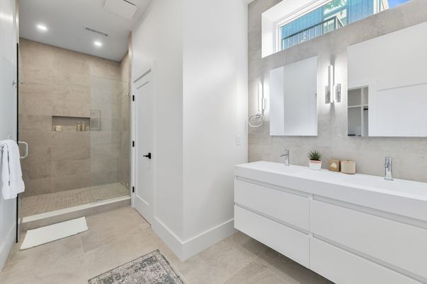 Bathroom, Dual Sink Vanities, Glass Shower, Interior, Recessed Lighting