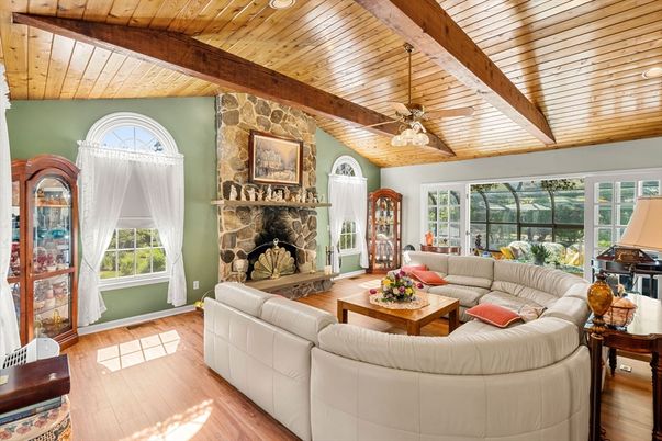 Fireplace, Interior, Living room, Piano, Stone Walls, Wooden Beams, Wooden Ceilings, Wood Texture Flooring
