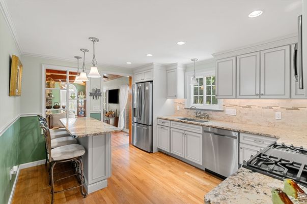 Interior, Kitchen, Pendant Lights, Recessed Lighting, Stainless Steel Appliances, Wood Texture Flooring