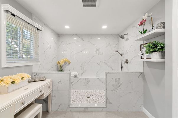 Bathroom, Interior, Marble Walls, Recessed Lighting